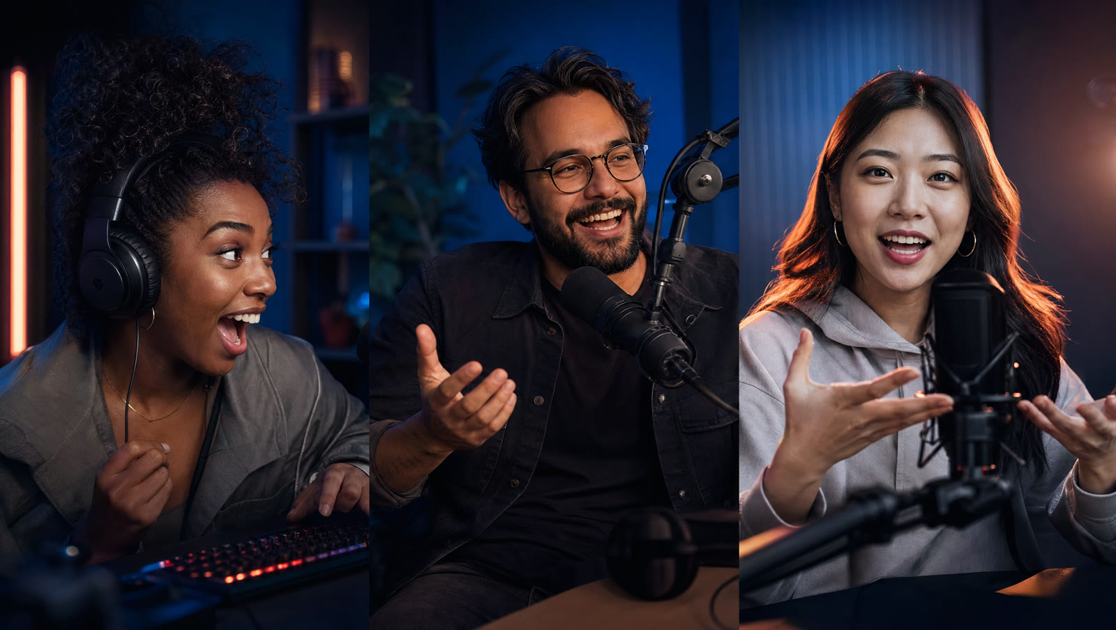 Creators recording in a colorful streaming and podcast studio